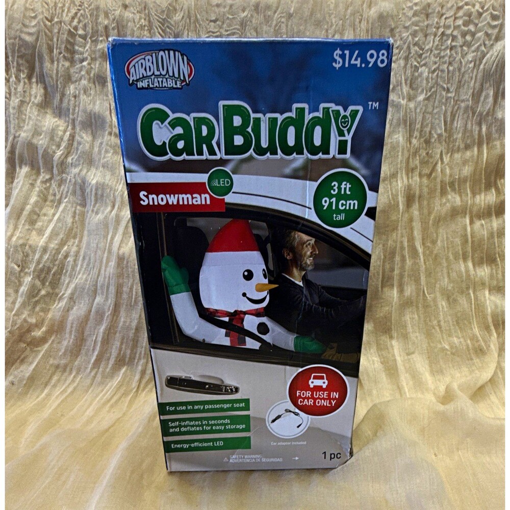 Gemmy Airblown Inflatable Car Buddy Snowman LED Illuminated 3 ft